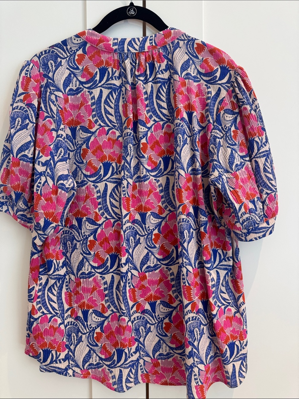 Avra Pink & Blue Floral V-Neck Puff Sleeve Blouse - Picture 3 of 5